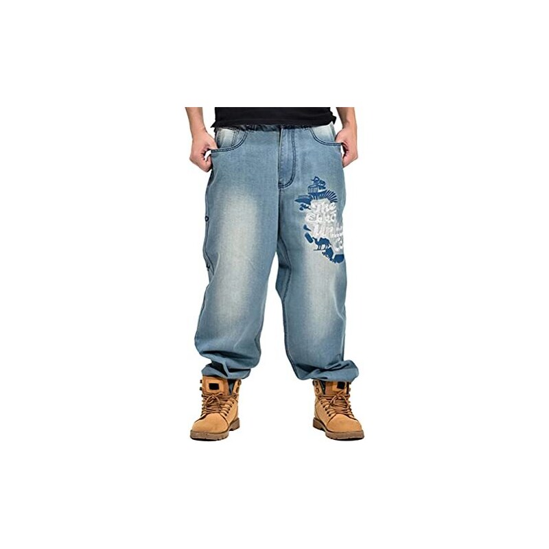 ORANDESIGNE Jeans Hip Hop Uomo Pantaloni Stile Hipster Jeans Rap Denim Urban Skate Gamba Dritta Allentata per Adolescenti J Blu XXL
