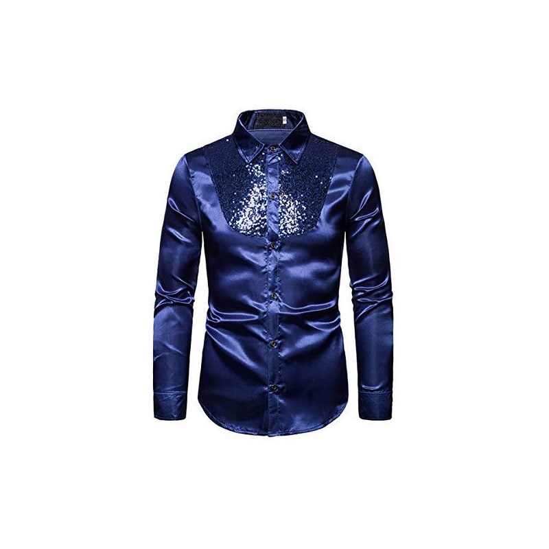 JOGAL Camicia Uomo Con Paillettes Blu Reale E Argento, Maniche Lunghe, Vestibilità Slim, Stile Anni '70 Per Discoteca E Feste