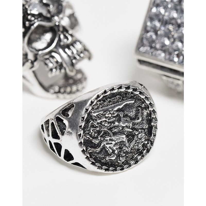 ASOS DESIGN - Confezione da 3 anelli color argento brunito con teschio di animali e cristalli