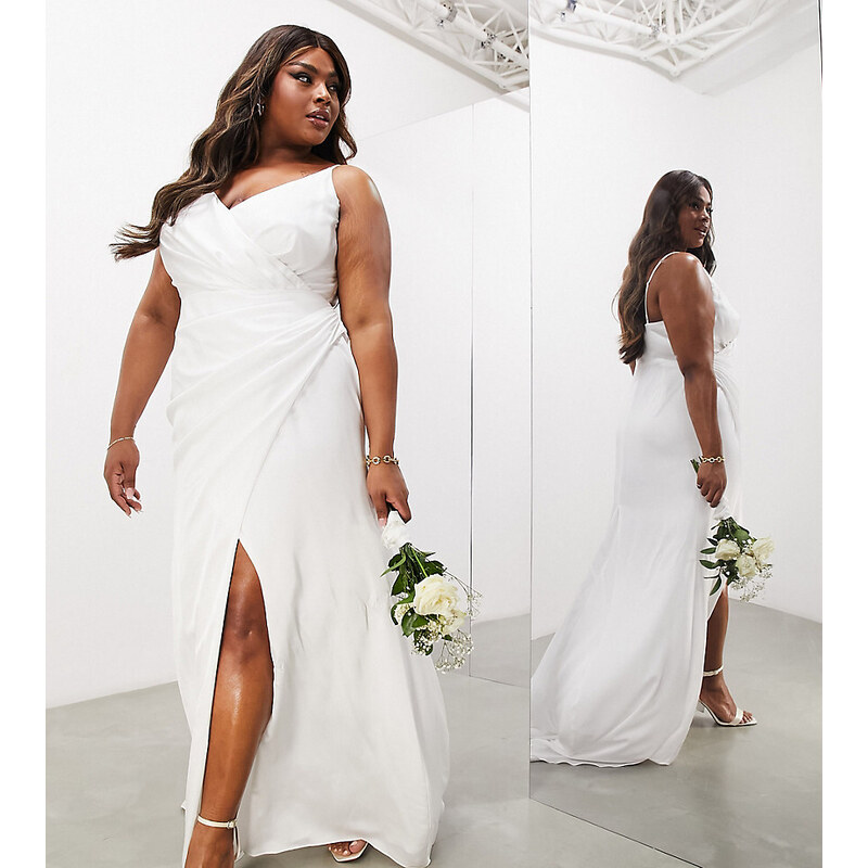 ASOS Curve ASOS DESIGN Curve - Constance - Vestito da sposa a portafoglio in raso color avorio con spalline sottili e strascico-Bianco