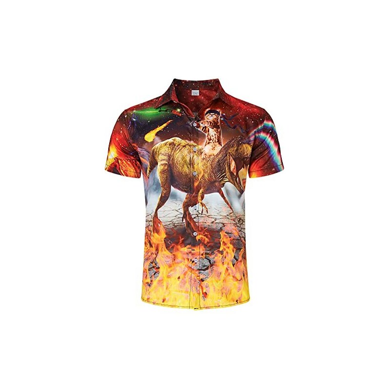 RAISEVERN Gatto Dinosauro Rosso Galassia Camicia Uomo Vintage Camicie Brutte Casual Divertente Funky Stampa 3D Camice Festa Baseball Regalo XXL Stileo