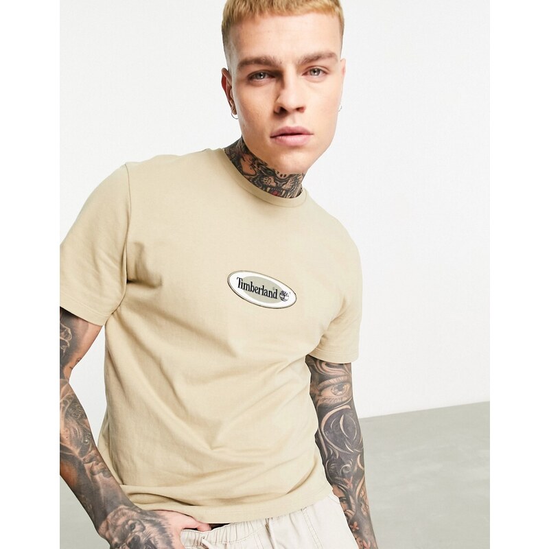 Timberland - T-shirt premium pesante marrone con logo centrale ovale-Brown