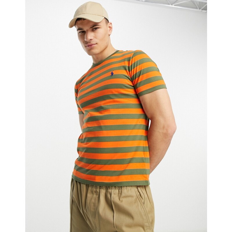 Polo Ralph Lauren - Icon - T-shirt custom fit arancione e verde a righe con logo