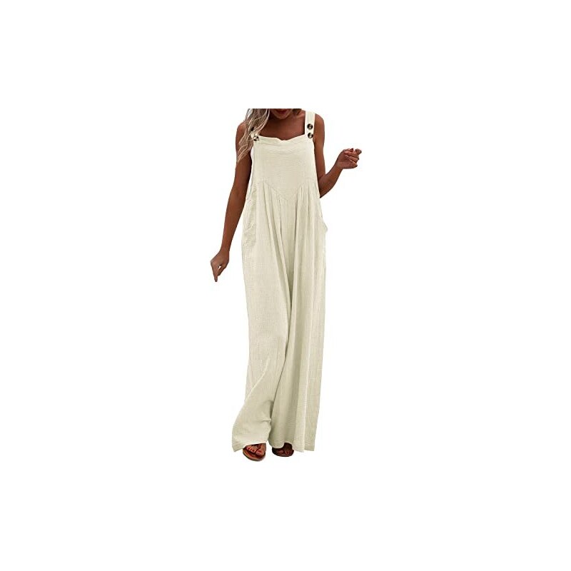 Darringls Tuta estiva da donna, stile boho, stile retrò, con salopette, larga, a gamba larga, senza maniche, con tasca, beige., S