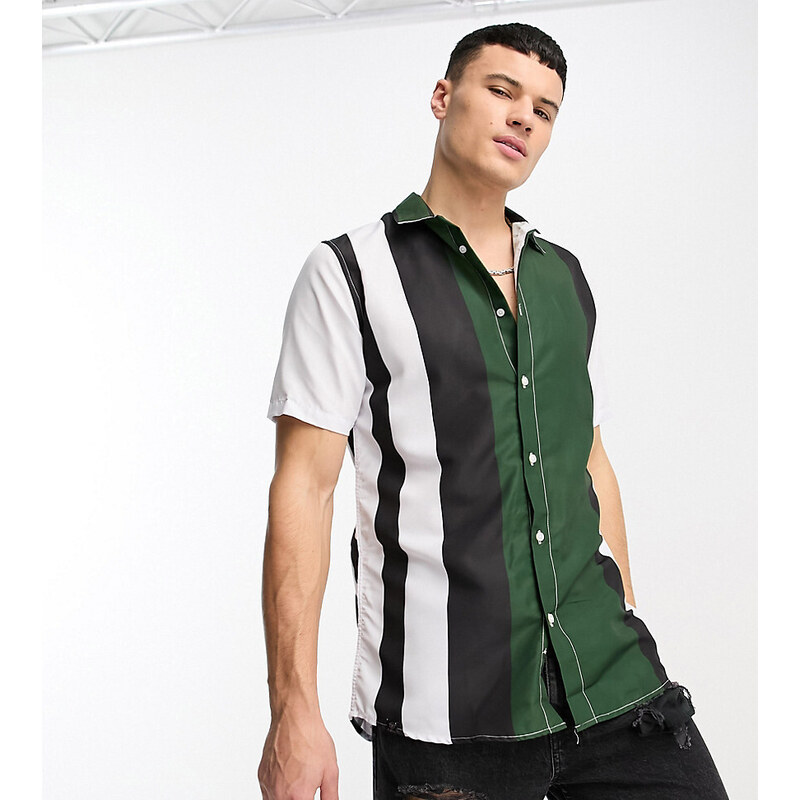 Le Breve Tall - Camicia a righe verdi nere e bianche con colletto con rever-Verde