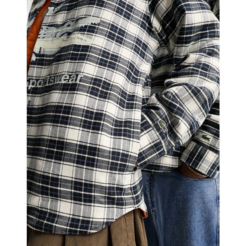 Lacoste - Camicia unisex a maniche lunghe a quadri neri con stampa sul davanti-Black