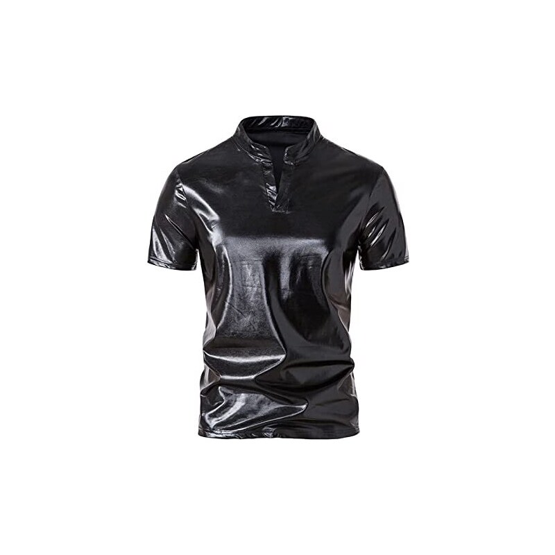 Camicia da uomo in raso lucido, a maniche lunghe, da uomo, con risvolto glitterato, a maniche lunghe, elegante, tinta unita, lucida, per il tempo libero, per feste di ballo, discoteca, Colore