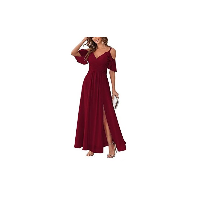 Abito Lungo Da Sera Donna Con Paillettes, Scollo A V E Spalle Scoperte - Maxi