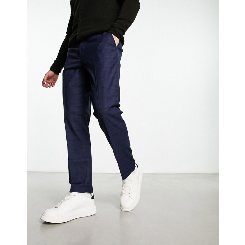 Original Penguin - Pantaloni eleganti slim taglio corto blu navy a quadri-Brown