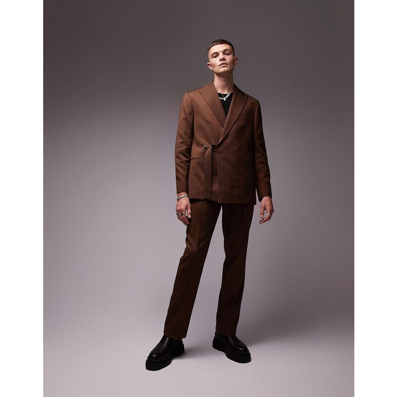 Topman - Pantaloni da abito dritti in misto lana marrone con motivo a spina di pesce