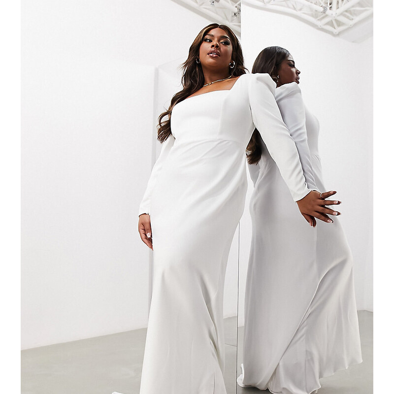 ASOS Curve ASOS DESIGN Curve - Gigi - Vestito da sposa a maniche lunghe con scollo squadrato in raso avorio-Bianco