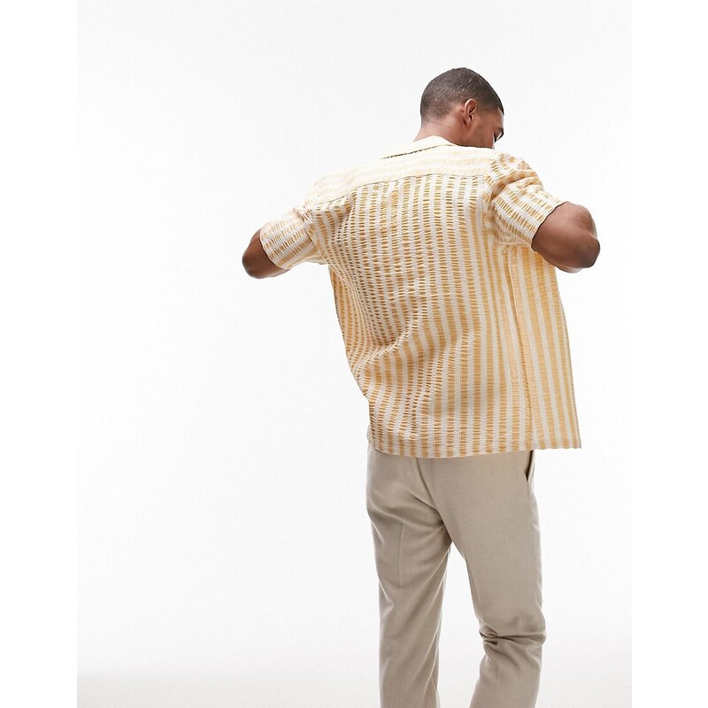 Topman - Camicia a maniche corte vestibilità classica con rever gialla a righe testurizzata-Giallo