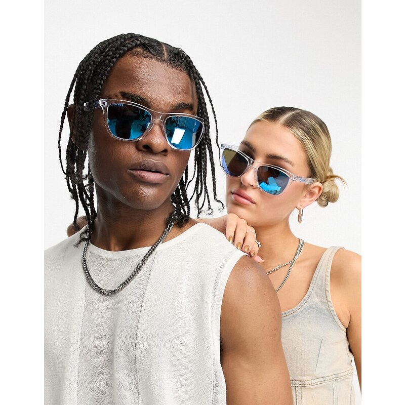 Oakley - Frogskins - Occhiali da sole squadrati trasparenti con lenti riflettenti blu da festival-Trasparente