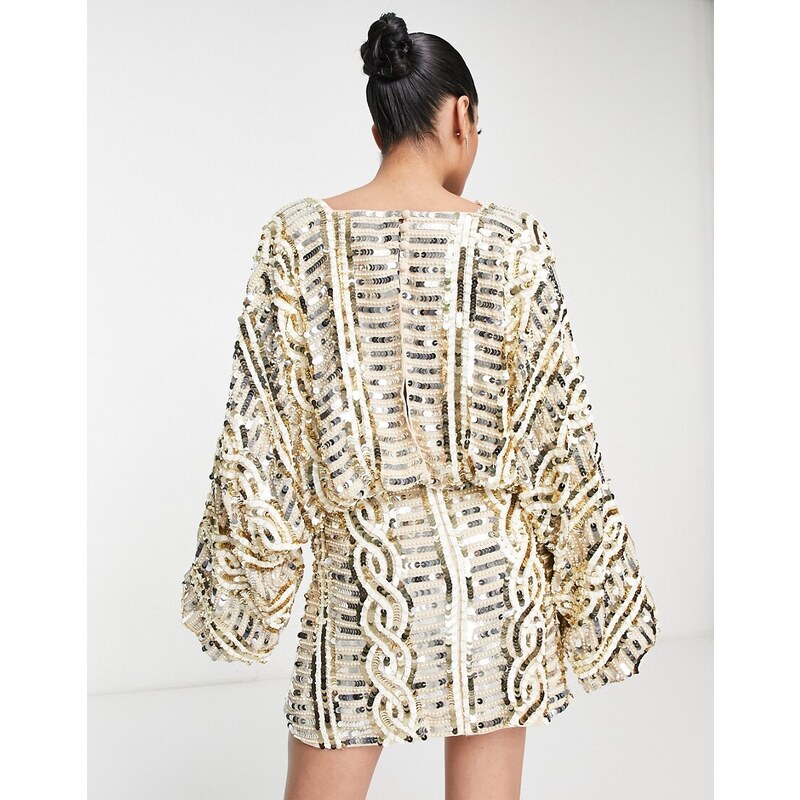 ASOS DESIGN - Vestito corto stile kimono decorato con dettagli artistici a trecce oro