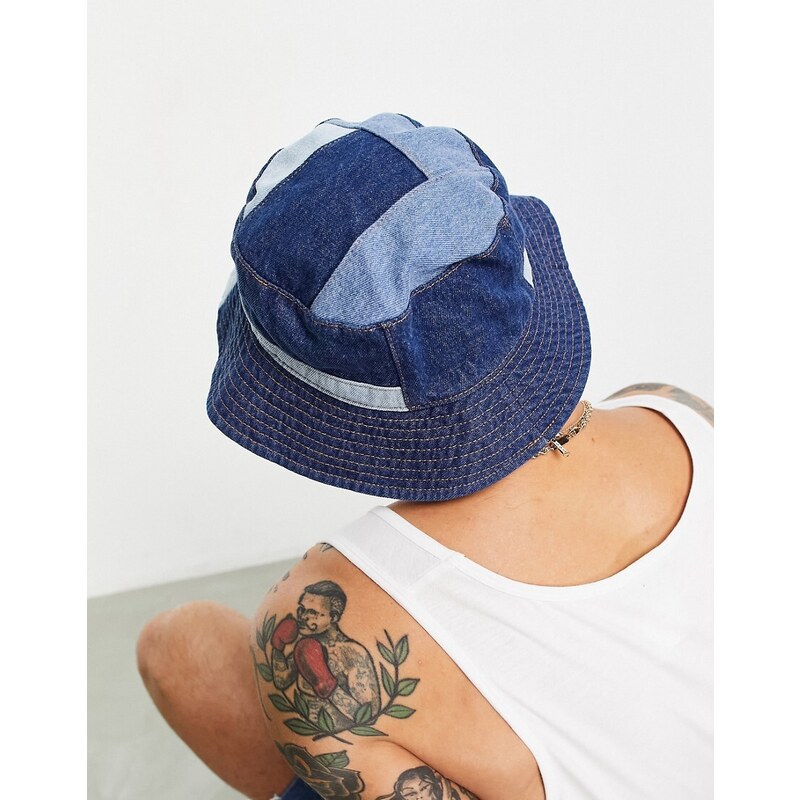 ASOS DESIGN - Cappello da pescatore in denim patchwork-Blu