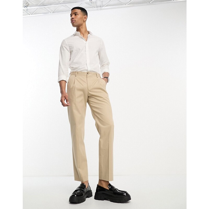 Selected Homme - Pantaloni eleganti in misto cotone larghi color crema con pieghe sul davanti-Bianco