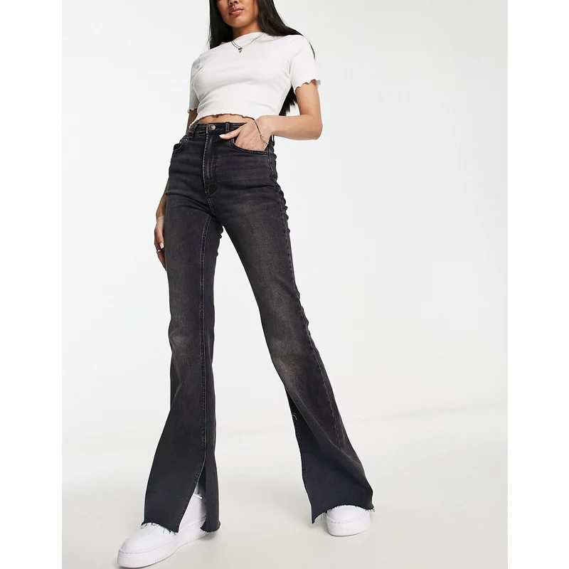 Asos Pantaloni A Zampa Neri Stradivarius Low Rise Jeans Di Pelle A