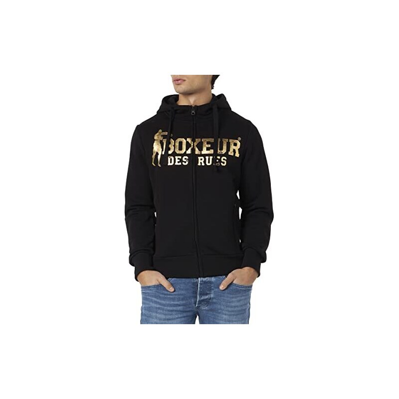 BOXEUR DES RUES - Felpa Full Zip con Cappuccio, Uomo, Nero-Oro, XL