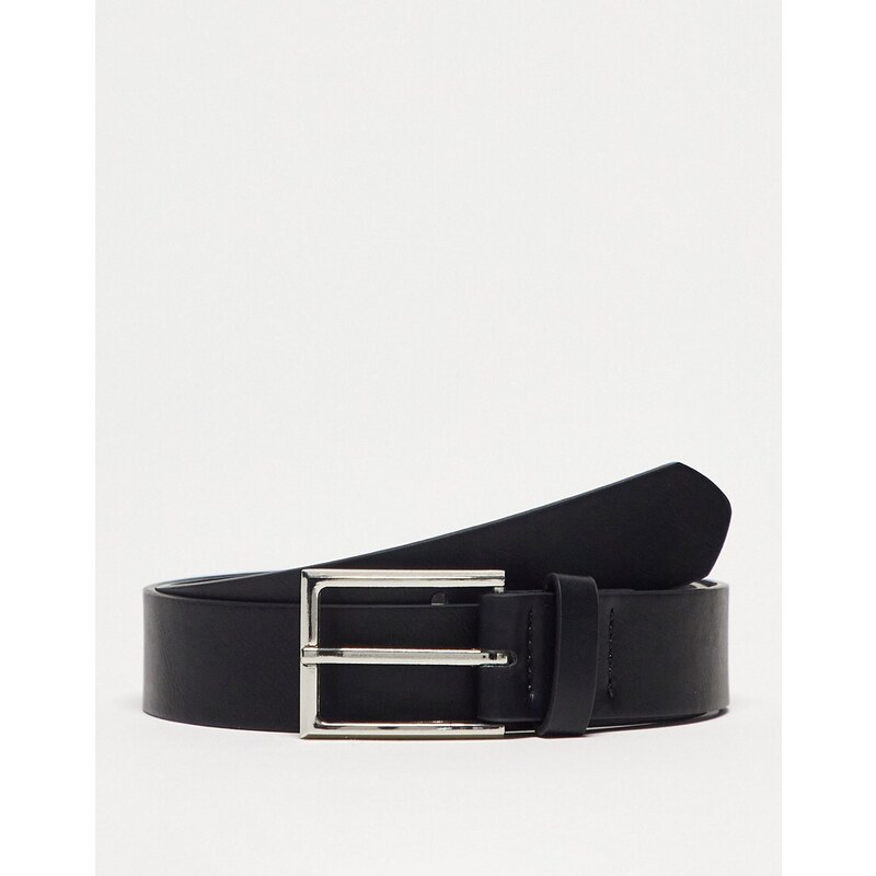 ASOS DESIGN - Cintura elegante in pelle sintetica nera con fibbia argentata-Nero