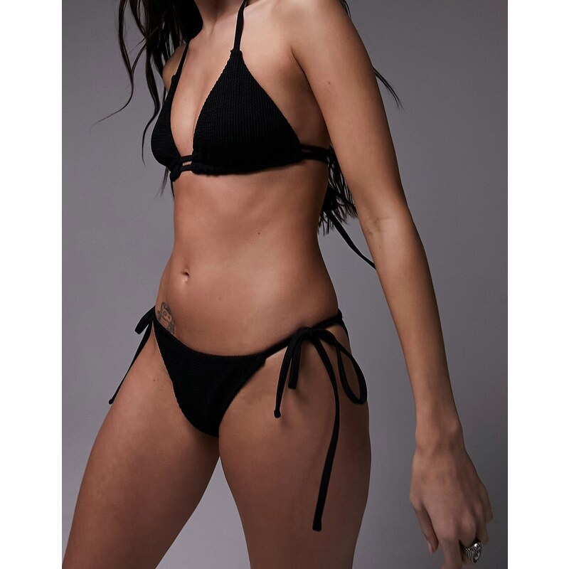 Topshop - Slip bikini mix and match neri stropicciati con allacciatura laterale-Black