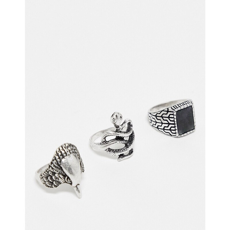 ASOS DESIGN - Confezione da 3 anelli color argento brunito con serpente e teschio