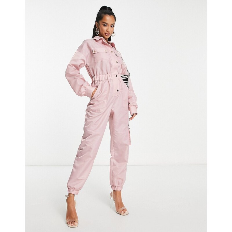 Miss Selfridge Petite - Tuta jumpsuit in nylon rosa crepuscolare stretta in vita