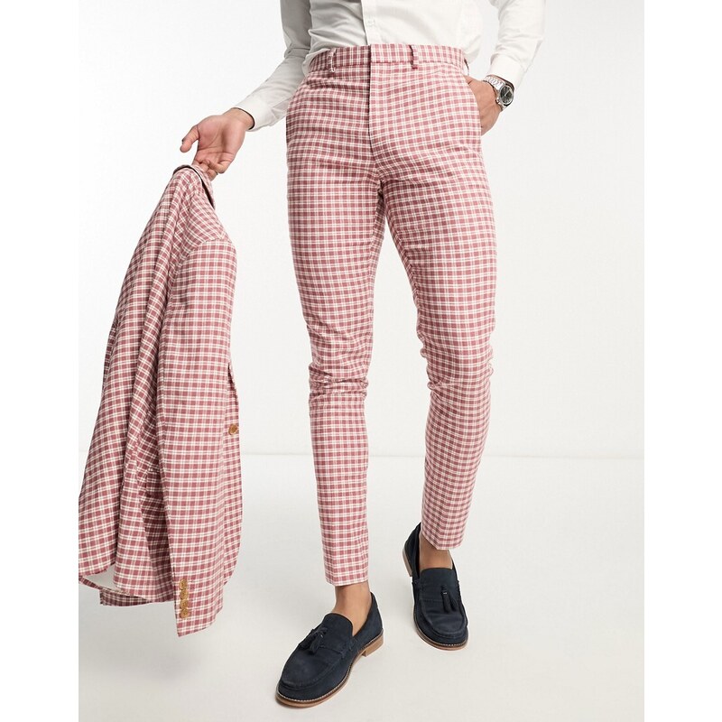 ASOS DESIGN - Pantaloni da abito skinny in misto lino rosa a quadretti