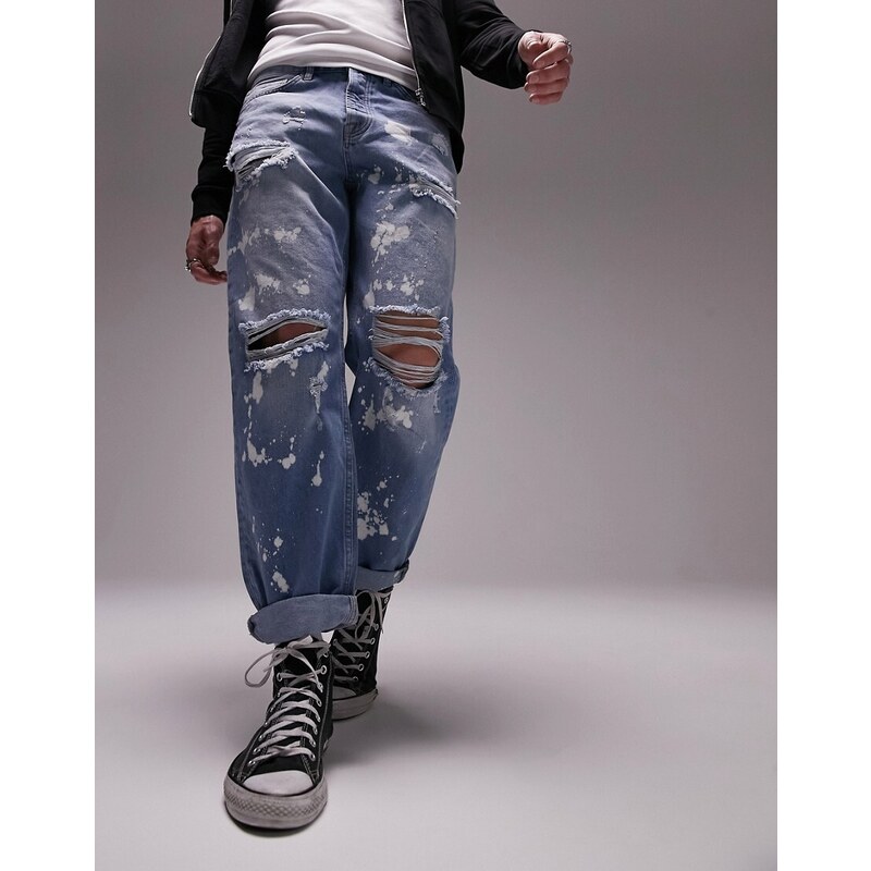 Topman - Jeans comodi lavaggio medio candeggiato con strappi-Blu