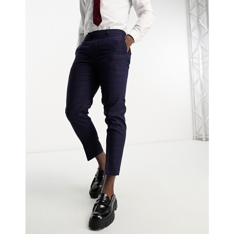 Harry Brown - Pantaloni cropped skinny a quadri blu navy e rossi-Multicolore