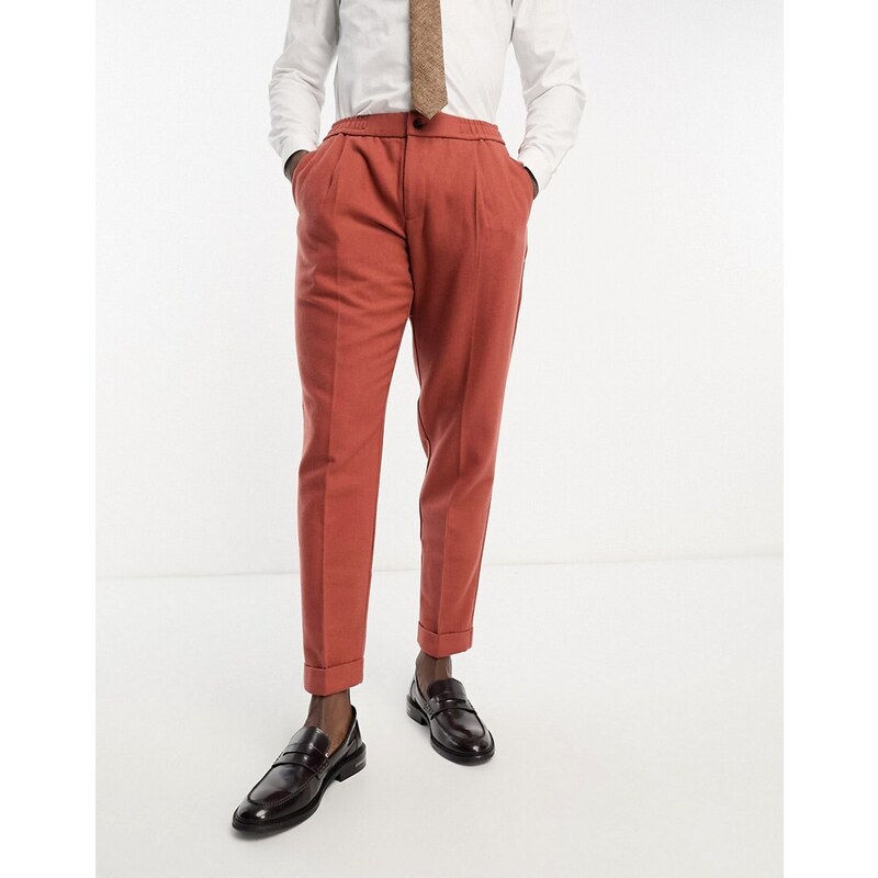 Harry Brown Wedding - Pantaloni cropped slim in misto lana color ruggine con vita elasticizzata