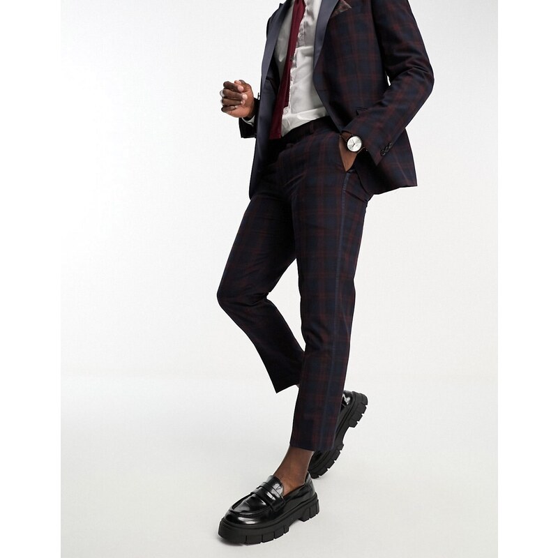 Harry Brown - Pantaloni da abito cropped slim a quadri scozzesi blu navy e rossi-Multicolore
