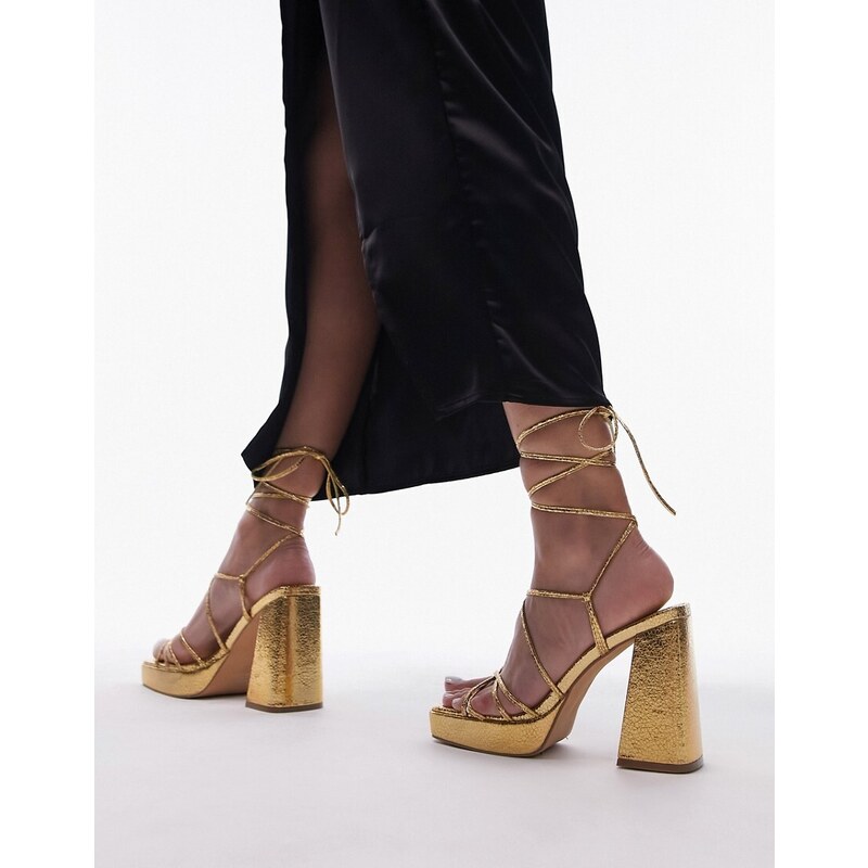 Topshop - Eve - Scarpe con tacco e plateau oro allacciate alla caviglia