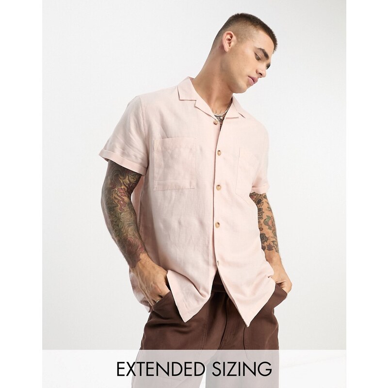 ASOS DESIGN - Camicia comoda in lino rosa con tasche doppie