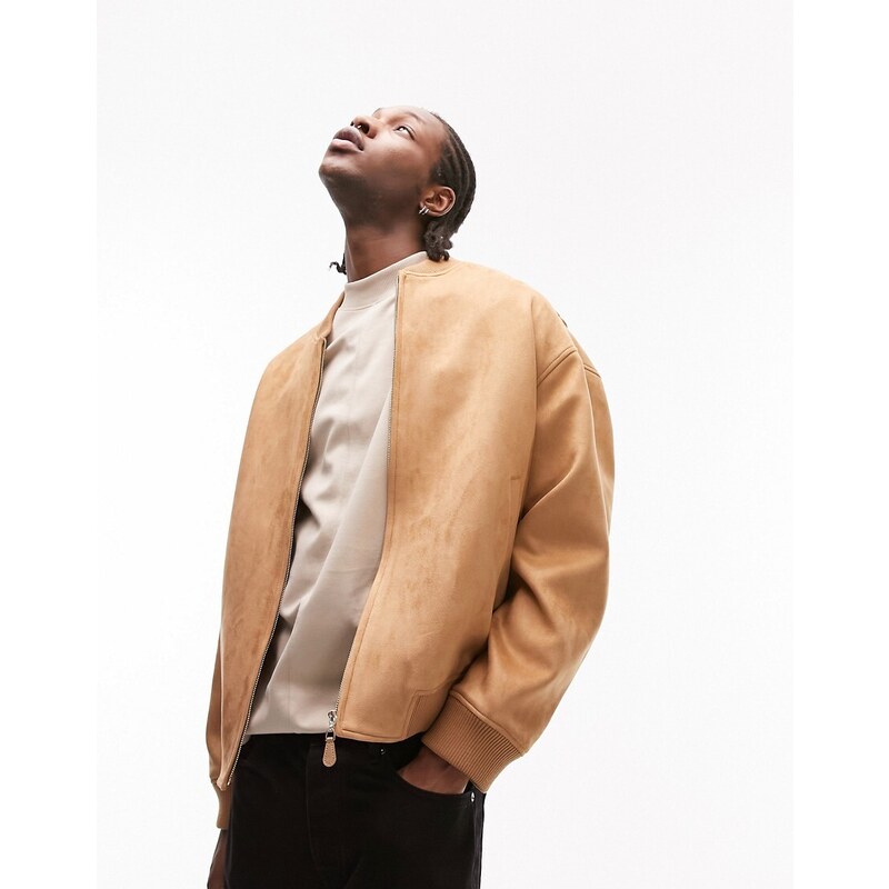 Topman Giacca bomber oversize in camoscio sintetico color cuoio-Brown