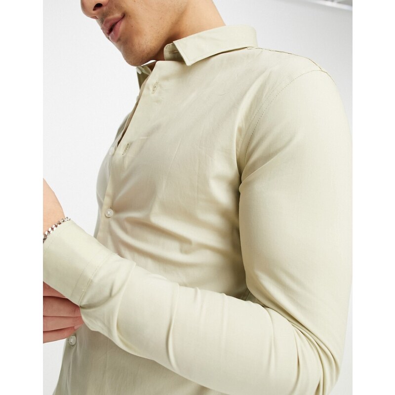 New Look - Camicia attillata in popeline color avena-Neutro
