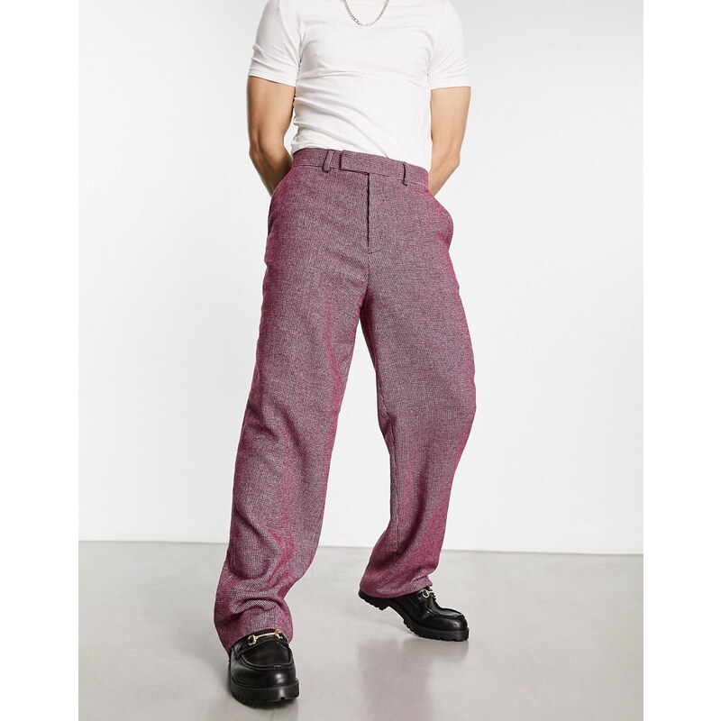 ASOS DESIGN - Pantaloni eleganti larghi in misto lana bordeaux con motivo pied de poule-Rosso