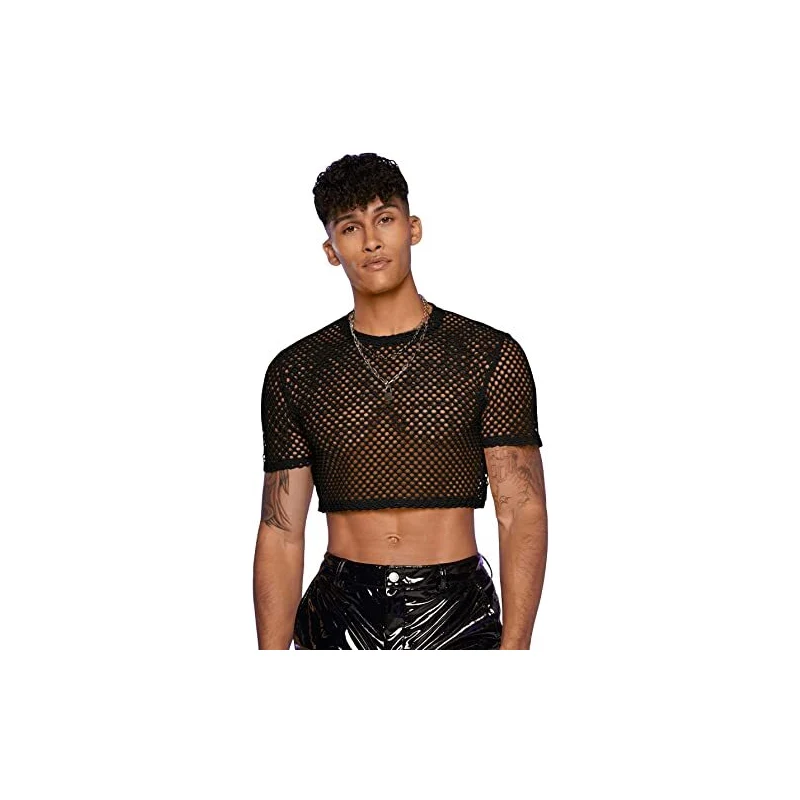 GORGLITTER Crop Top da uomo con rete di pesce, maglietta a maniche