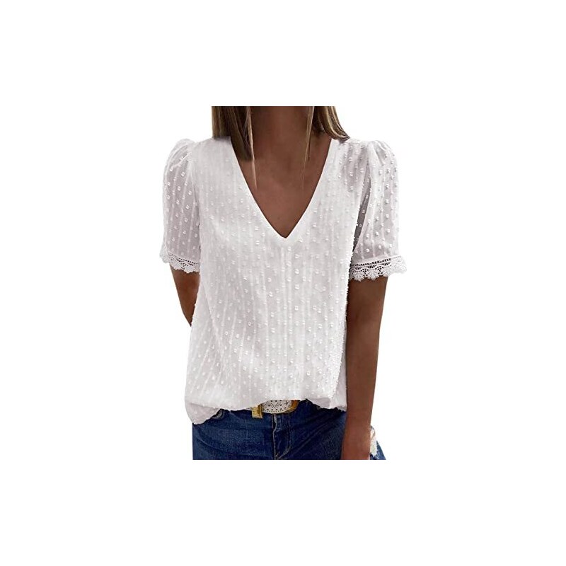 Loalirando Camicia Donna con Manica Corta in Pizzo Blusa Elegante