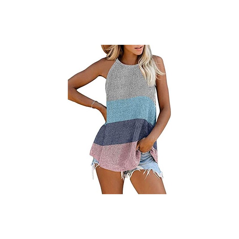 Dfomp Gilet lavorato a maglia con giunzione - Gilet da donna a righe in contrasto di colore senza maniche confortevole e morbido, Grigio e blu., 80