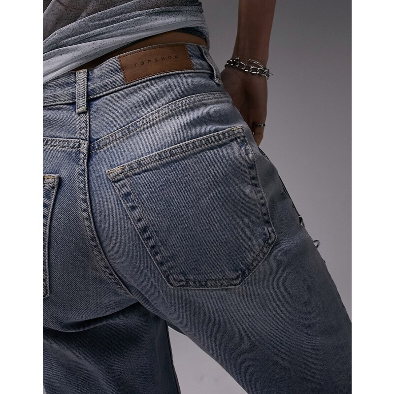 Topshop - Mom jeans comfort elasticizzati candeggiati-Blu
