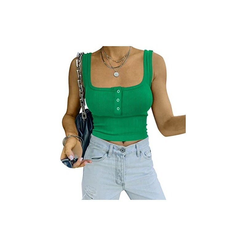 NONSAR Canotta da donna sexy con schiena incrociata, a coste, senza maniche, maglietta estiva con bottoni, verde, L
