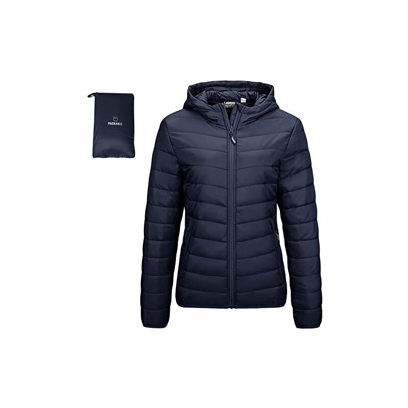 Outdoor Ventures Giacca trapuntata da donna, leggera, avvolgente, calda, con cappuccio, foderata, con tasche, per il tempo libero, le escursioni, i viaggi, Blu scuro, XXXL