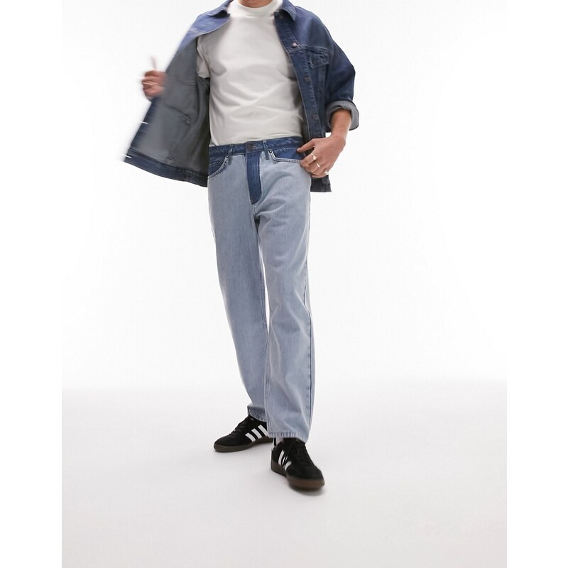 Topman - Jeans lavaggio chiaro con motivo cut and sew-Blu