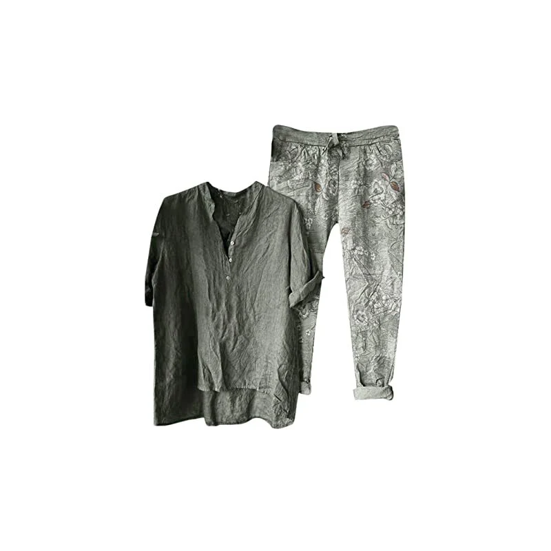 ZHIYU Tuta Donna Taglie Forti Cotone Stampato Completo Lino Set Tuta