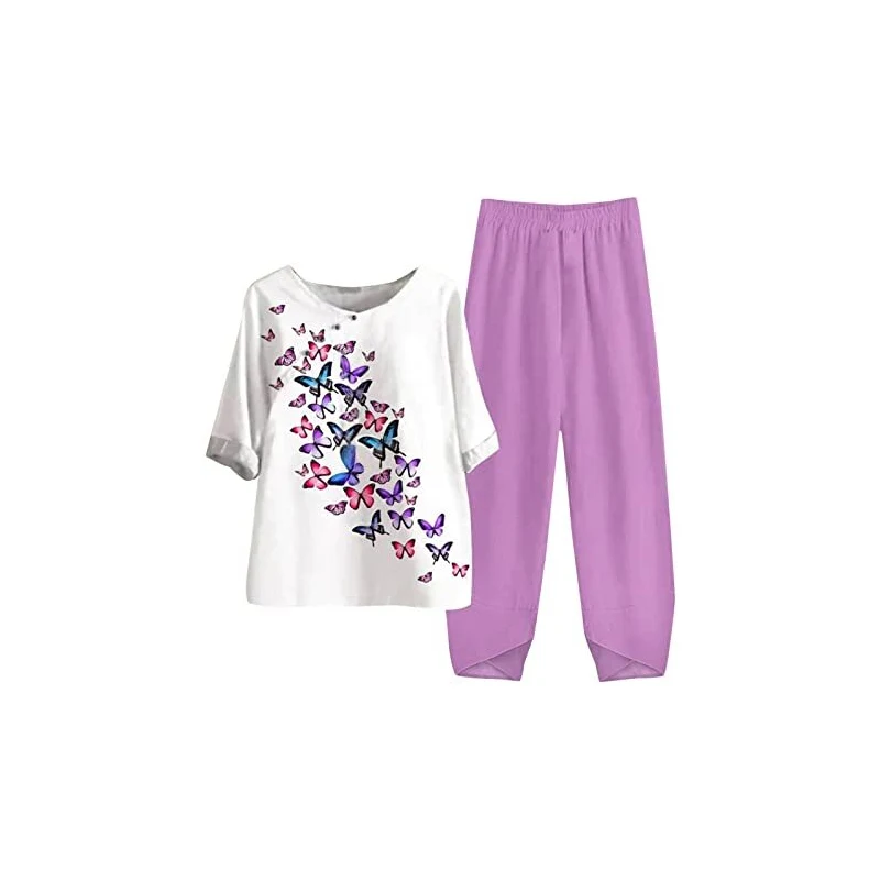 Tuta Sportiva Donna 2 Pezzi In Cotone - Maglietta Manica Corta E Pantaloni Per Casa - Foto 3