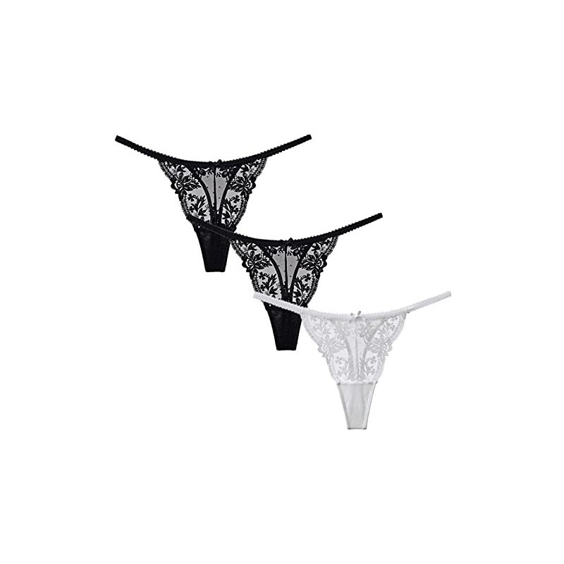 FEOYA Perizoma di Pizzo Donna a Vita Bassa G-String Traspirante Sexy T Back Mutande Tanga Comodo 3 Pezzi-02 Taglia L
