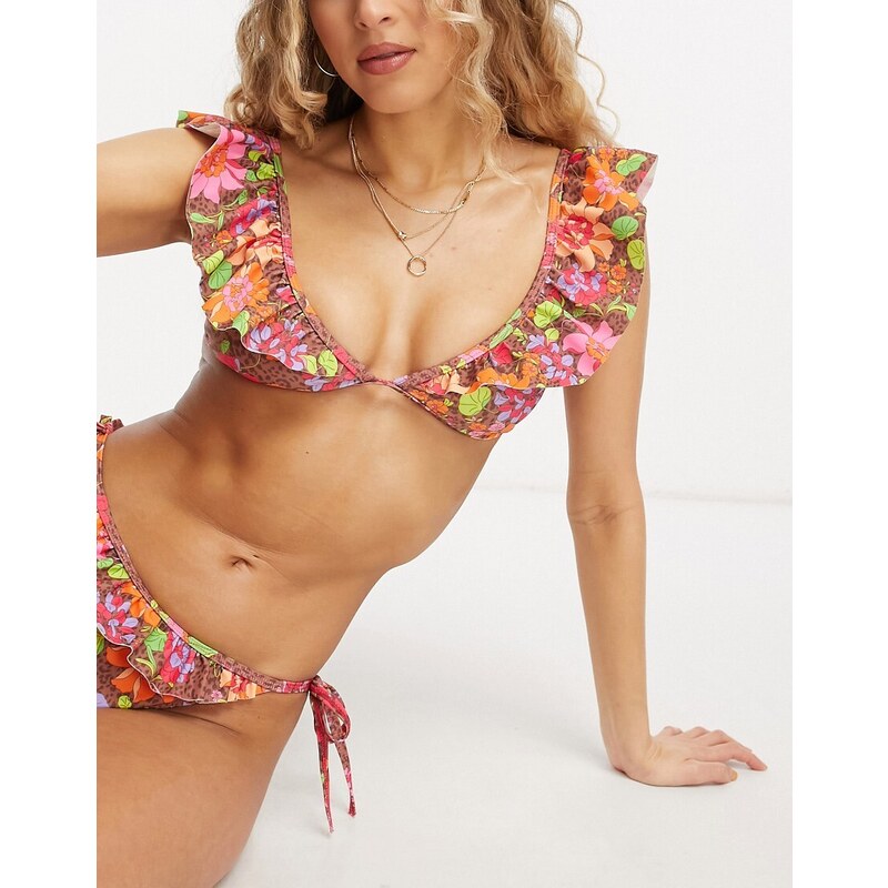 Miss Selfridge - Top bikini leopardato con stampa a fiori e dettaglio arricciato-Multicolore