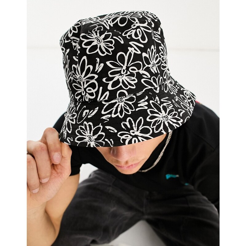 River Island - Cappello da pescatore in tela nero con stampa di margherite-Black