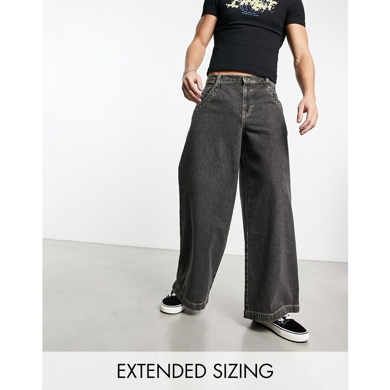 ASOS DESIGN - Jeans a fondo molto ampio nero slavato con cuciture verdi a contrasto-Black