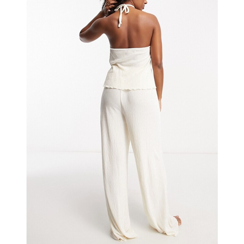 Loungeable - Pigiama color avorio in velour stropicciato con top allacciato al collo e pantaloni a fondo ampio-Bianco